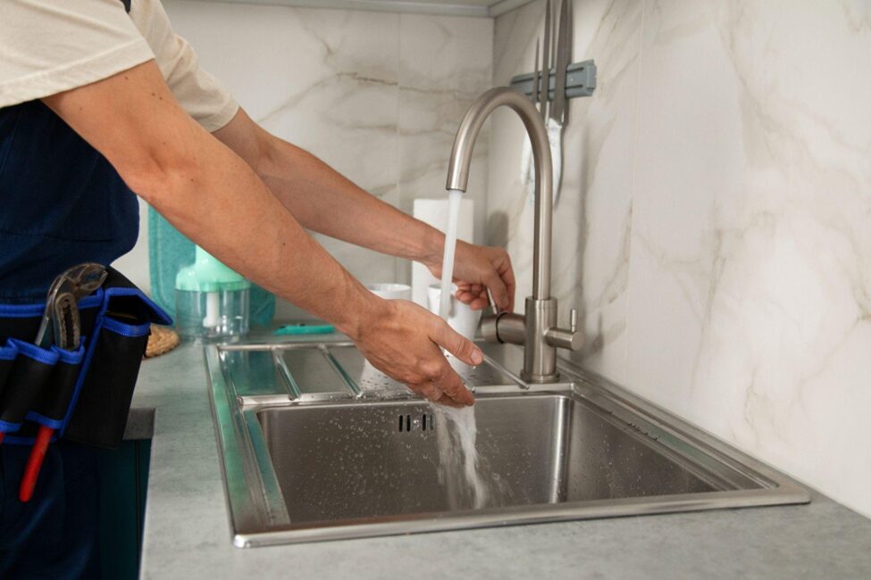 A kitchen sink being fixed by a plumber - Image via Freepik